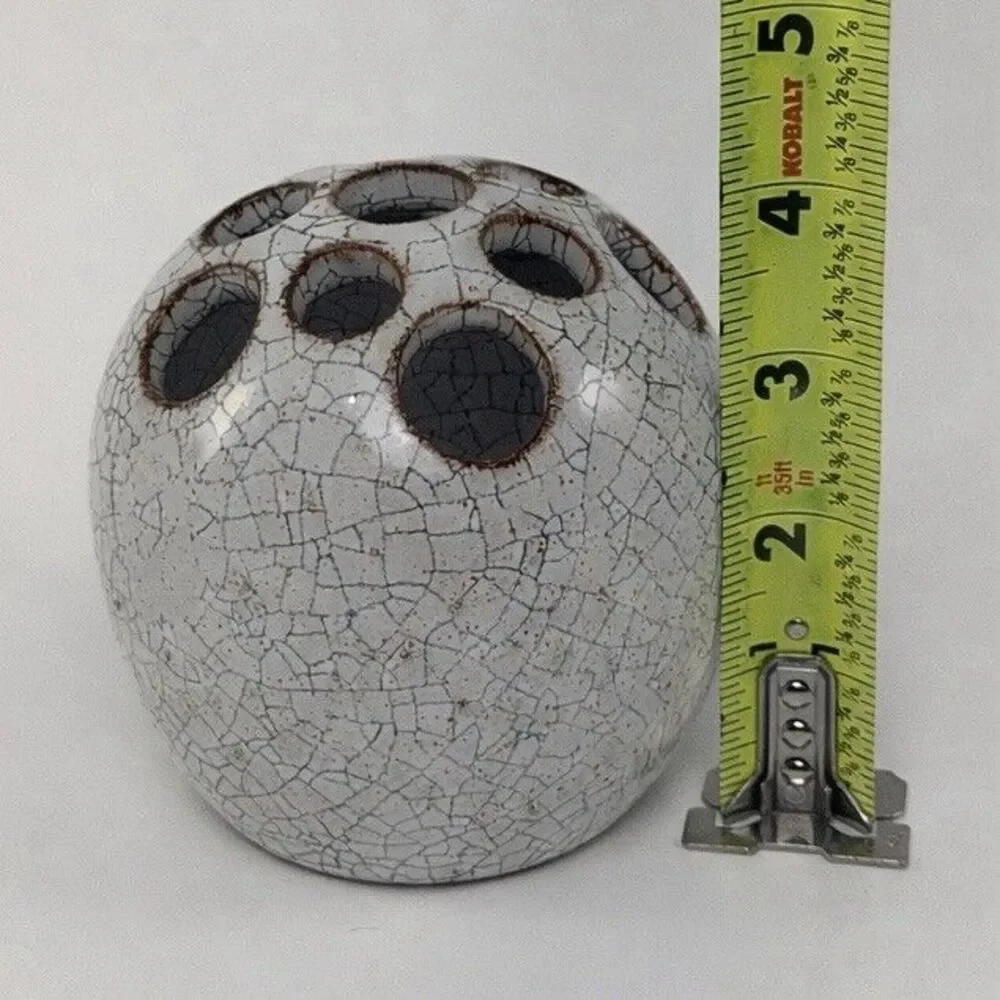 Signed Studio Pottery Crackle Glaze Flower Frog Gray Spherical Ikebana